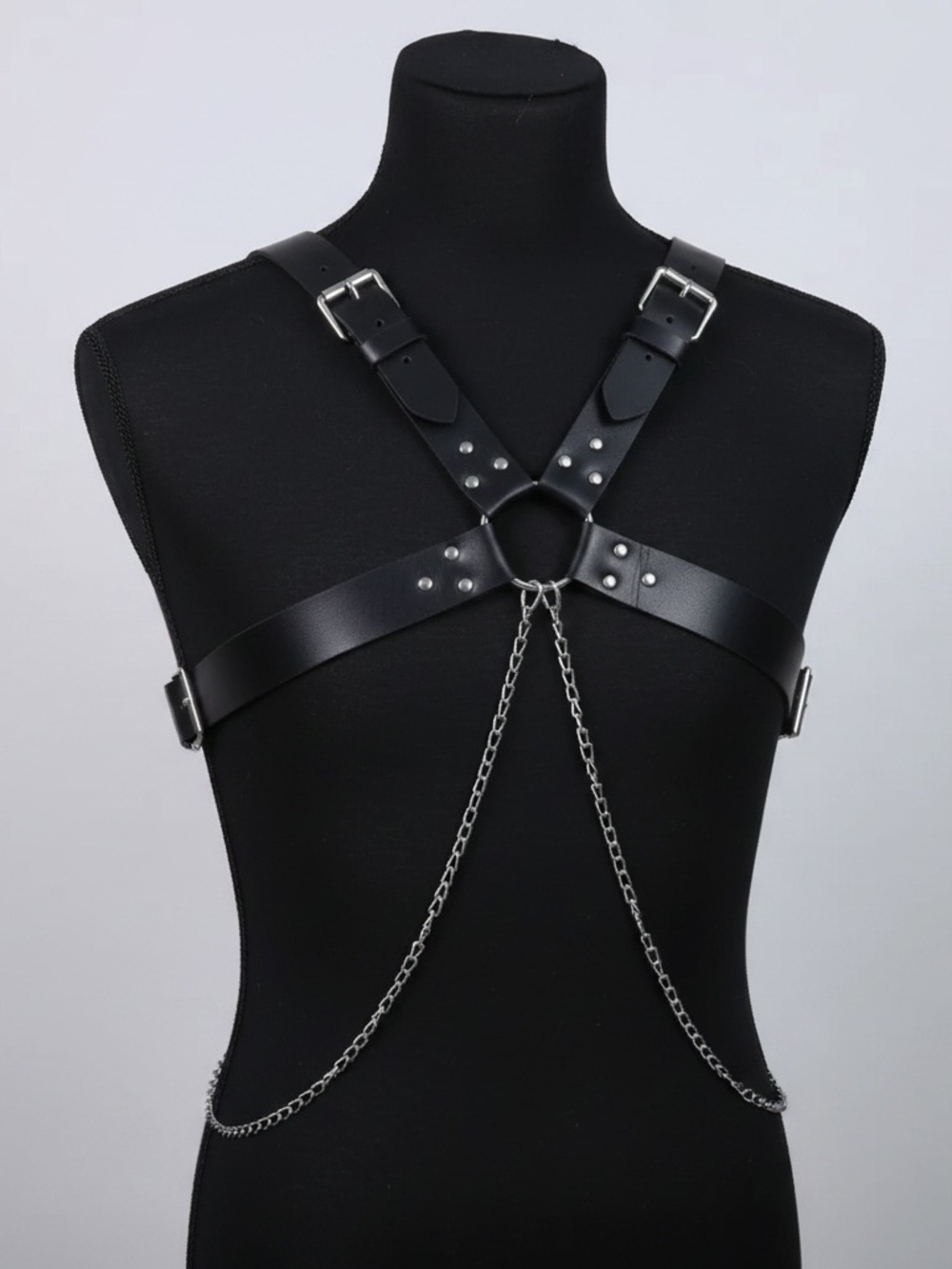 Black Leatherette Harness with Silver Chain Accent New